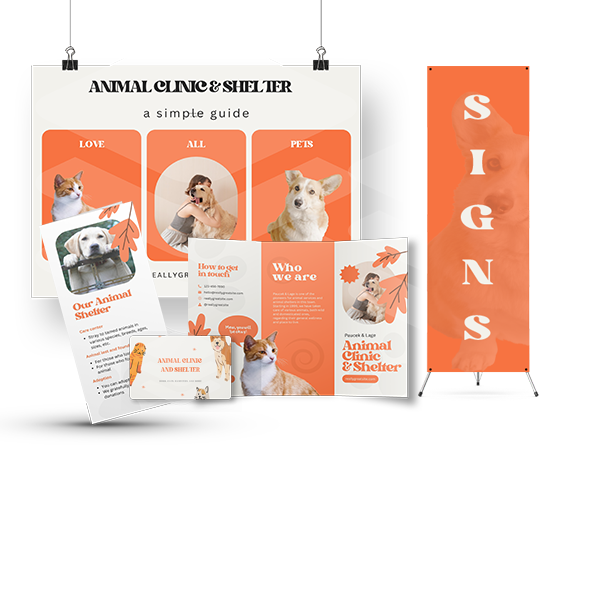 images of mock ups of different items offered by CopyCat such as signs, flags, brochures, and business cards with orange animal theme